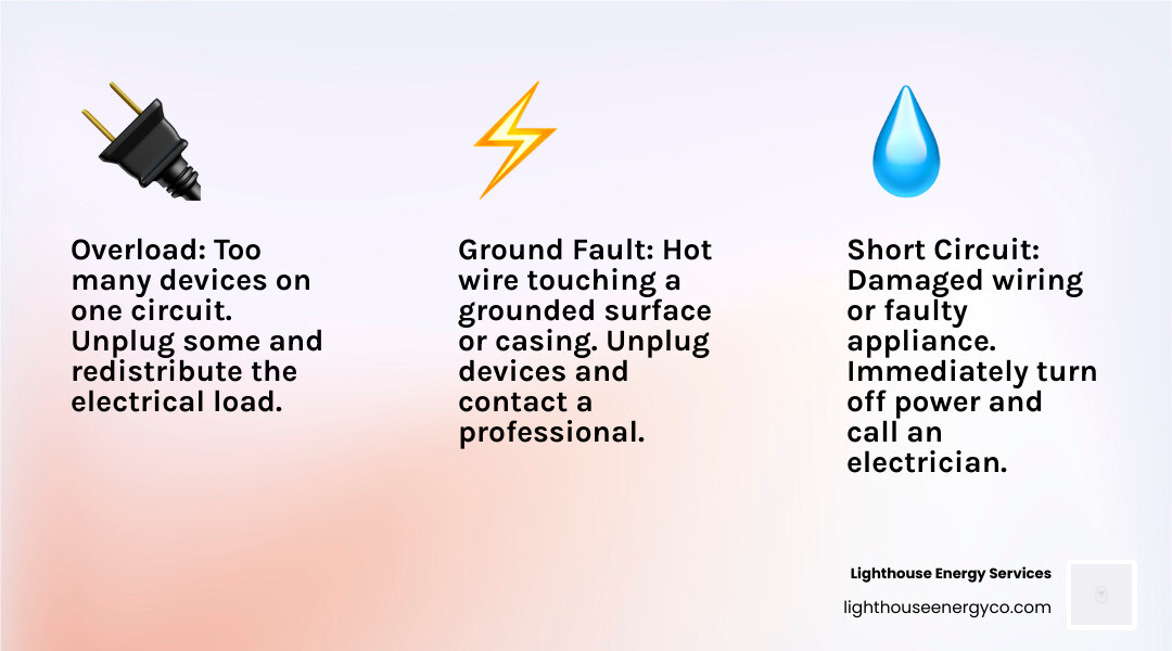 Infographic showing three columns: 1) Circuit Overload with icon of multiple plugged-in appliances and text "Too many devices on one circuit - Unplug devices and reset breaker", 2) Short Circuit with icon of sparking wires and text "Damaged wiring or faulty appliance - Turn off power and call electrician", 3) Ground Fault with icon of water droplet near outlet and text "Hot wire touches ground in wet area - Unplug all devices and call professional" - circuit breaker tripping solutions infographic 3_facts_emoji_light-gradient