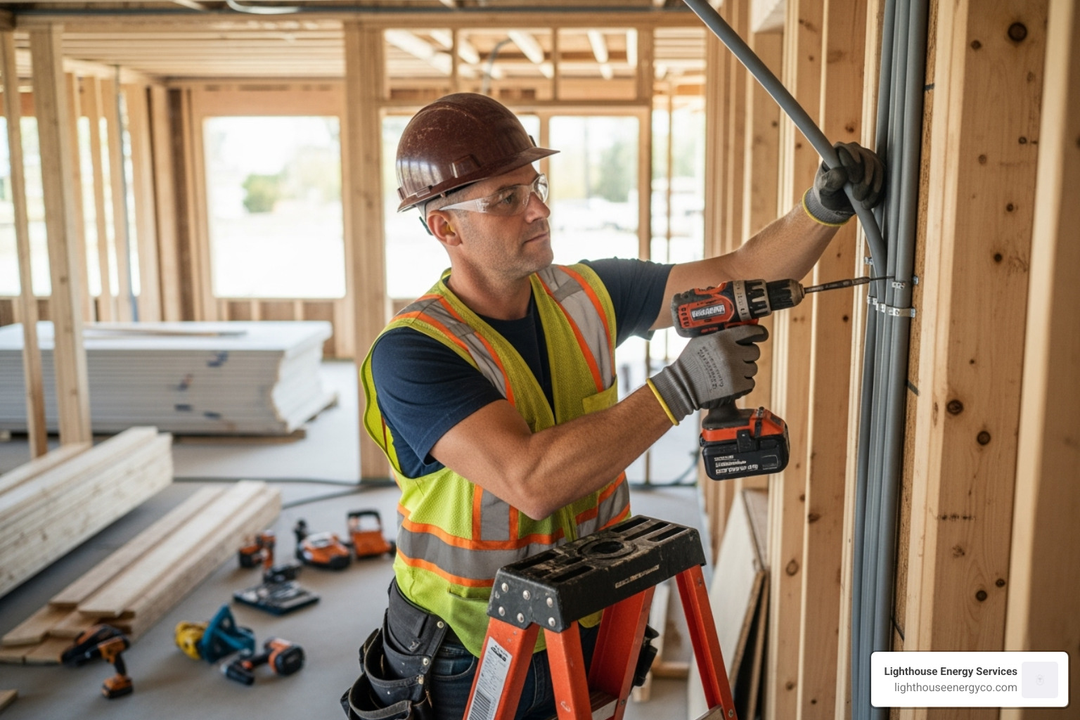 Electrician installing conduit on a new construction site - construction & maintenance electrician