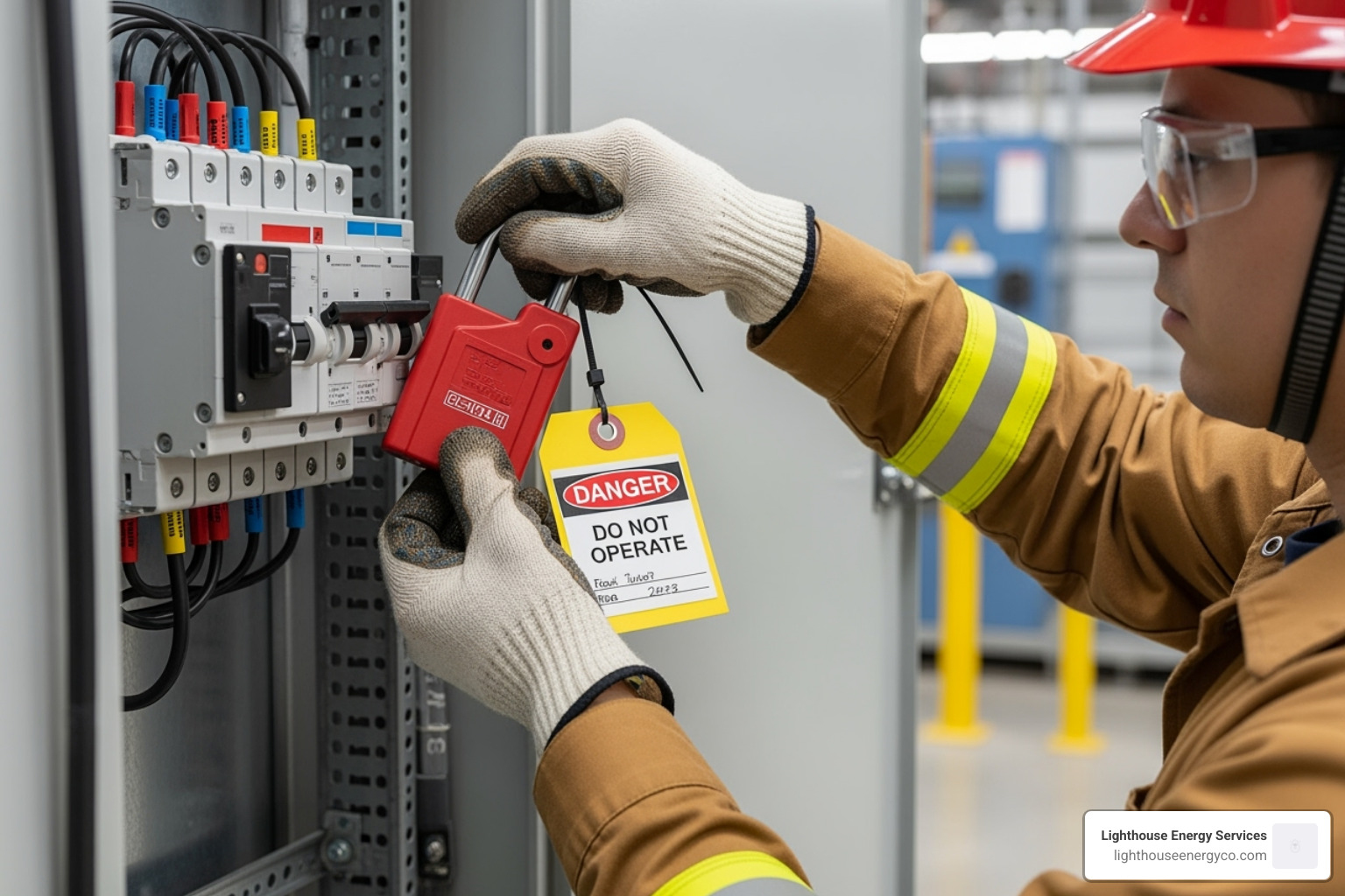 Electrician using proper lockout/tagout safety procedures - construction & maintenance electrician