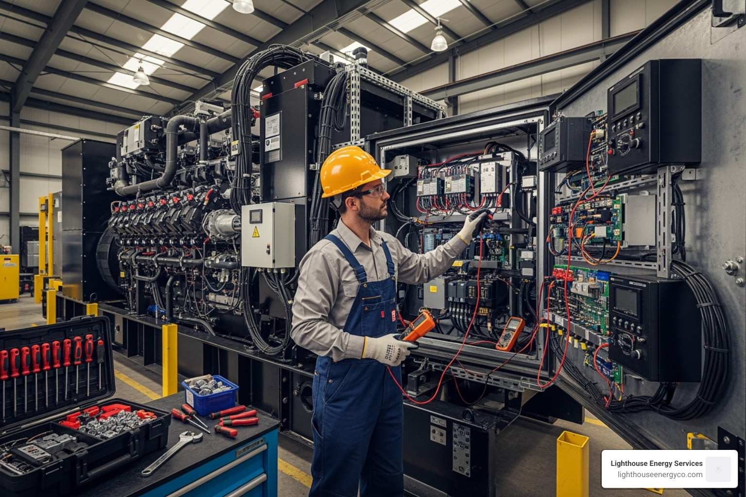 Technician performing maintenance on a commercial backup power system - commercial power backup