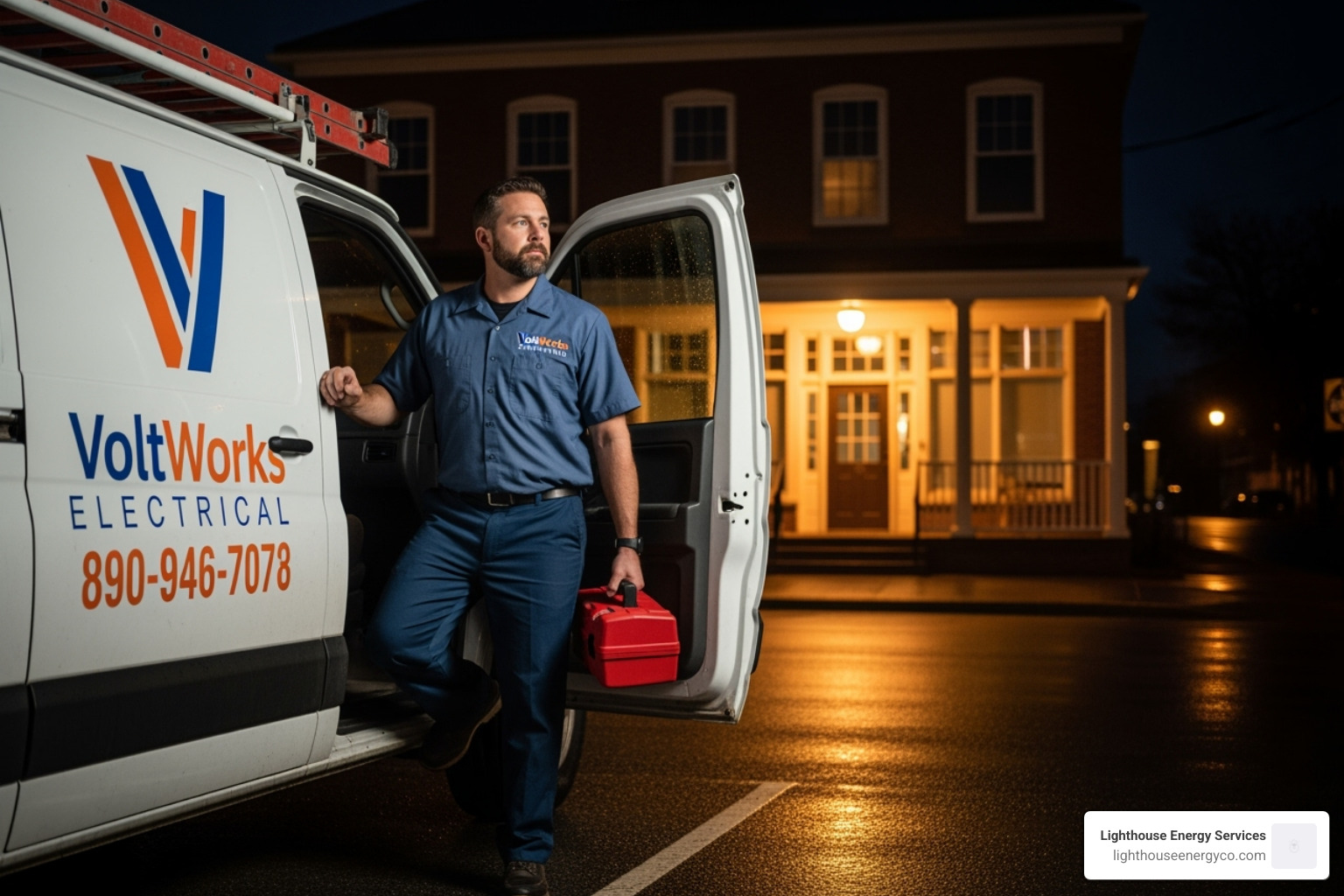 A professional electrician arriving in a service vehicle at night - emergency electricians