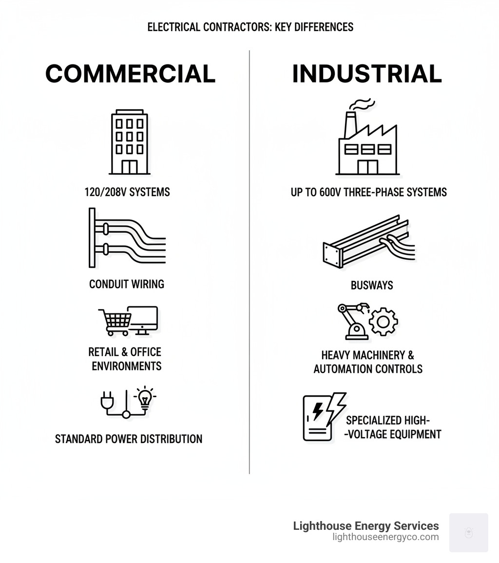 Infographic showing the key differences between commercial and industrial electrical contractors: Commercial side shows office buildings, 120/208V systems, conduit wiring, retail and office environments, and standard power distribution. Industrial side shows manufacturing plants, up to 600V three-phase systems, busways, heavy machinery, automation controls, and specialized high-voltage equipment - commercial and industrial electrical contractors infographic 