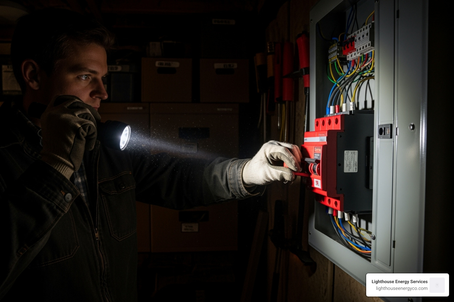 A person safely shutting off a main circuit breaker in a dark room using a flashlight - Emergency electrician Palm Beach
