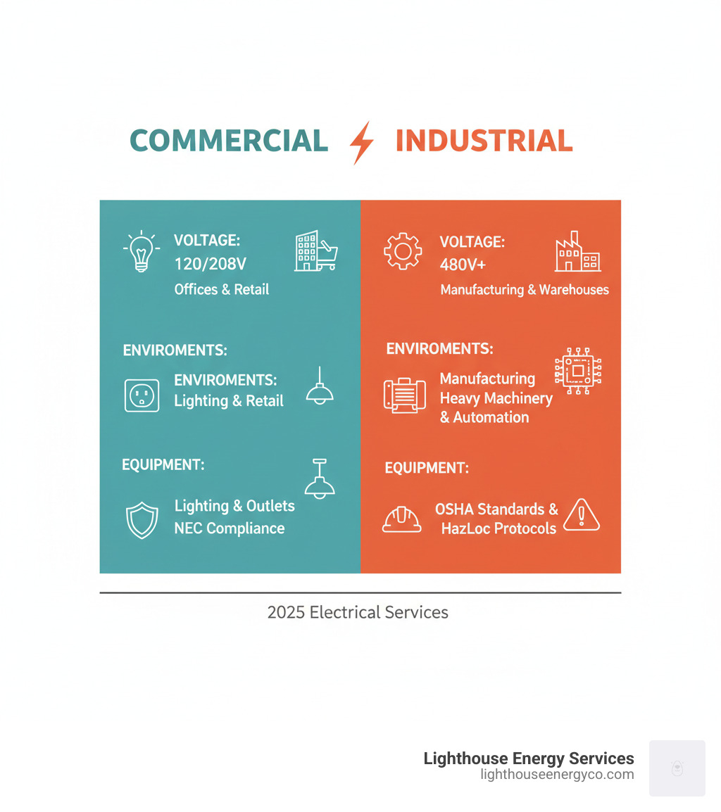 Infographic showing the key differences between commercial and industrial electrical services, including voltage requirements (commercial: 120/208V vs industrial: 480V+), typical environments (offices and retail vs manufacturing plants and warehouses), equipment complexity (lighting and outlets vs heavy machinery and automation systems), and safety requirements (standard NEC compliance vs OSHA industrial standards and hazardous location protocols) - commercial industrial electrical services infographic 
