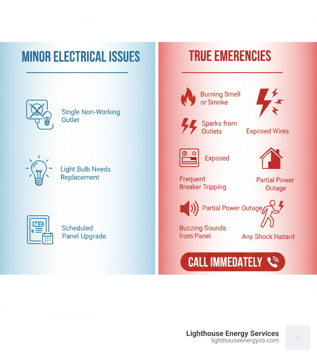 Infographic showing the difference between minor electrical issues (single non-working outlet, light bulb needs replacement, scheduled panel upgrade) and true emergencies (burning smell or smoke, sparks from outlets, exposed wires, frequent breaker tripping, partial power outage, buzzing sounds from panel, any shock hazard). Emergency side includes red warning symbols and "Call Immediately" instruction. - emergency electricians infographic 
