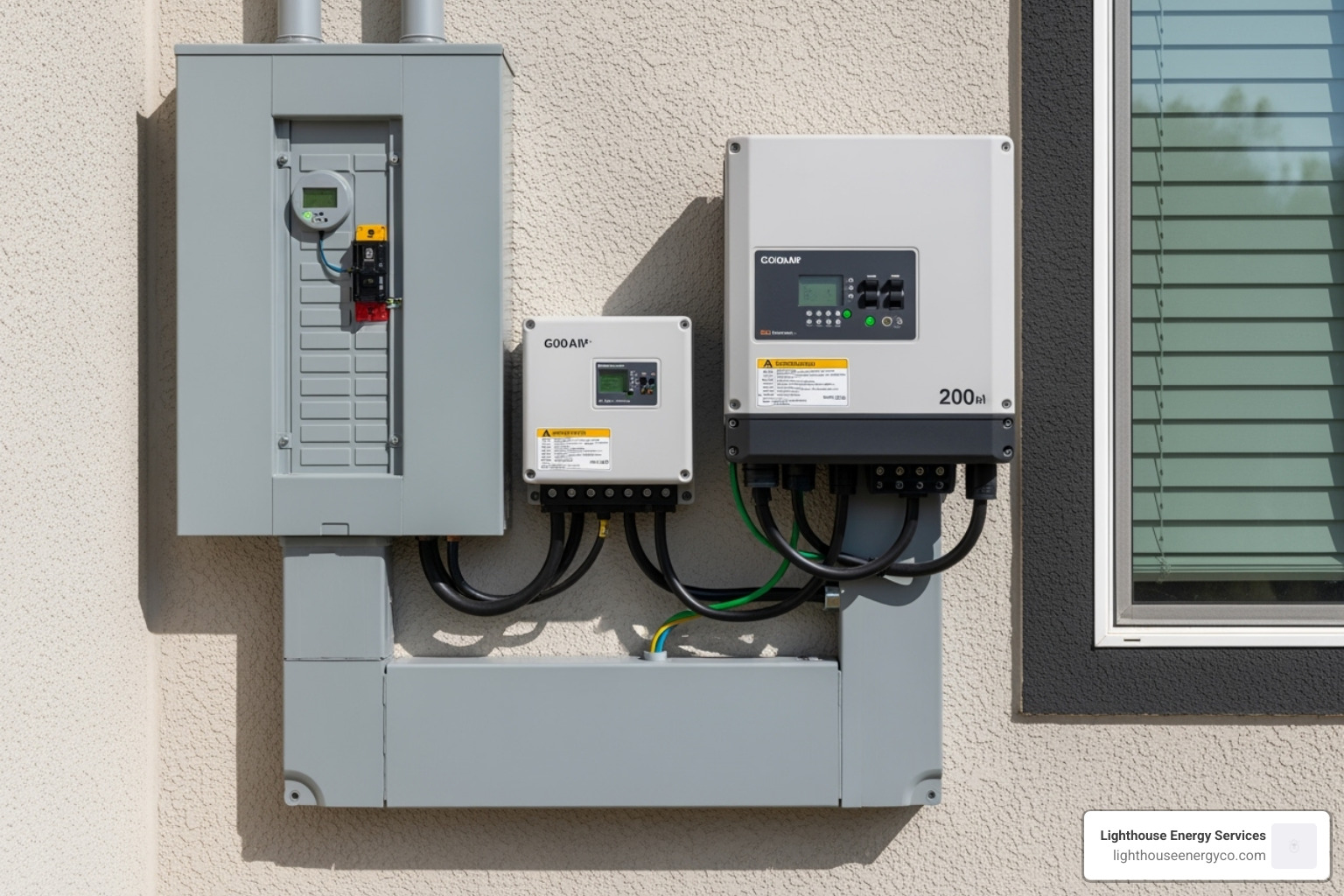 outdoor breaker box neatly integrated with a solar inverter and a transfer switch - 200 amp breaker box outside