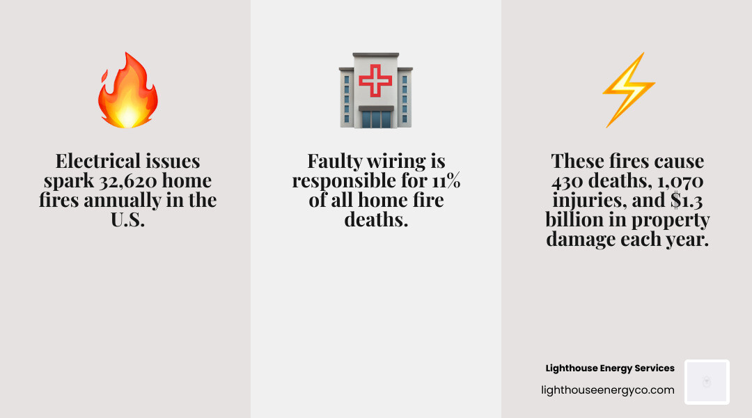 infographic showing electrical fire statistics including 32,620 average annual home fires caused by electrical equipment, 430 deaths per year, 1,070 injuries per year, and $1.3 billion in property damage, plus breakdown of causes including wiring and related equipment at 11% of fire deaths and extension cords contributing to 7% of deaths despite only 1% of fires - electrical home safety check infographic 3_facts_emoji_grey