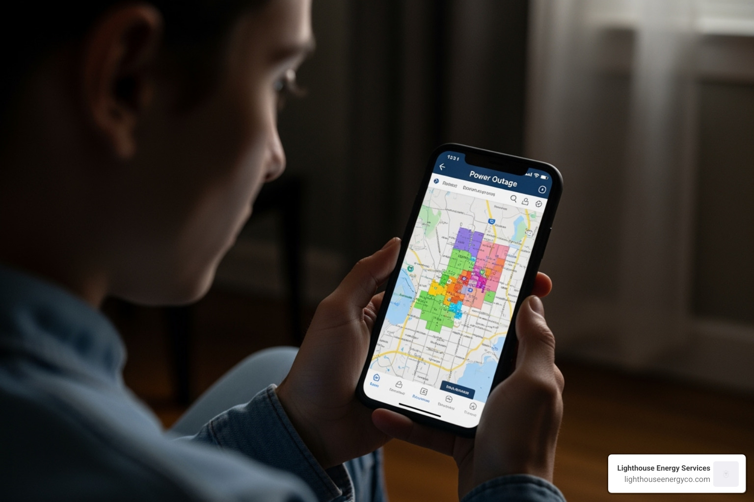 person using smartphone to view power outage map - Emergency power restoration
