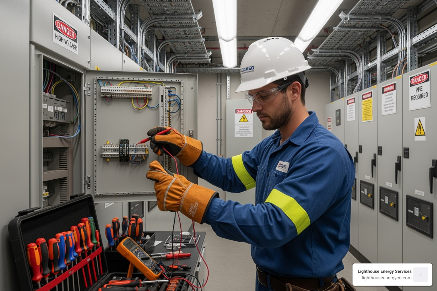 Electrician wearing full personal protective equipment (PPE) - commercial industrial electrical services