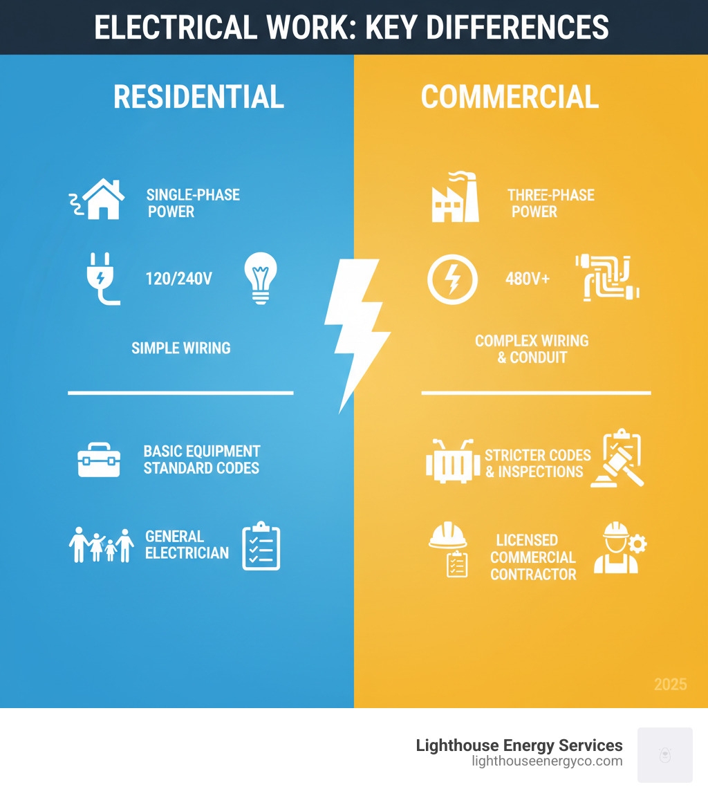 Infographic showing the key differences between residential and commercial electrical work: Commercial uses three-phase power (residential uses single-phase), higher voltage systems (480V vs 120/240V), more complex wiring and conduit requirements, specialized equipment like transformers and distribution panels, stricter building codes and inspections, and requires licensed commercial contractors with specialized training - commercial electric contractor infographic 