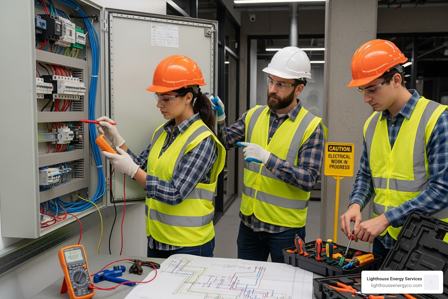 Lighthouse Energy Services team working on an electrical panel - whole house rewiring