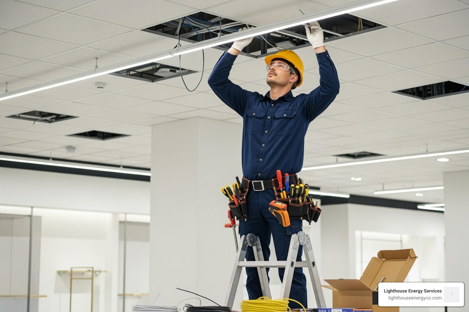an electrician installing a modern LED lighting system in a retail space - commercial electric contractor