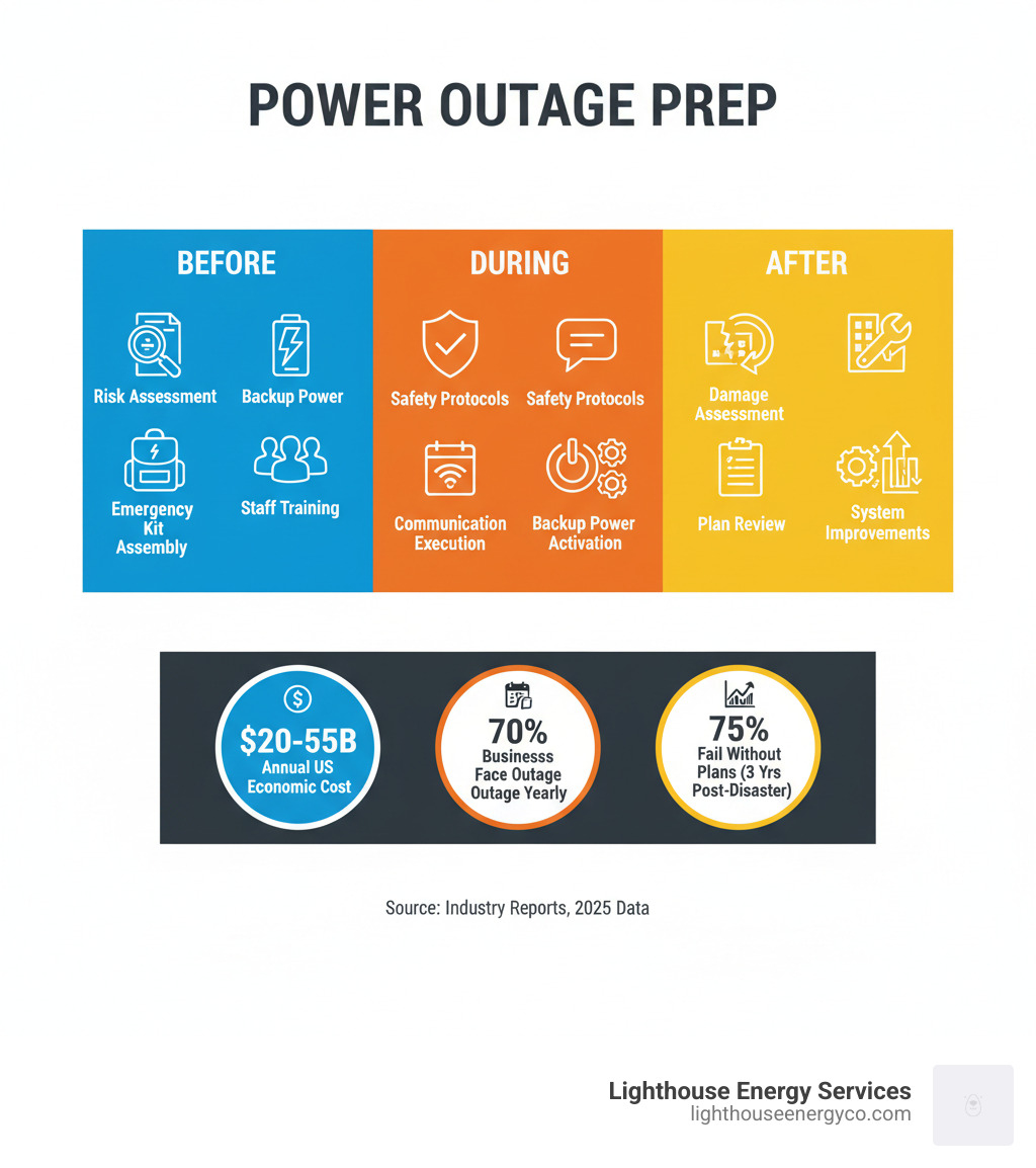 Infographic showing the complete business power outage response framework: Before (Risk Assessment, Backup Power Installation, Staff Training, Emergency Kit Assembly), During (Safety Protocols, Communication Execution, Backup Power Activation, Manual Processes), and After (Damage Assessment, Financial Documentation, Plan Review, System Improvements). Includes statistics: $20-55B annual US economic cost, 70% of businesses face outage yearly, 75% without plans fail within 3 years of disaster. - Business power outage infographic 