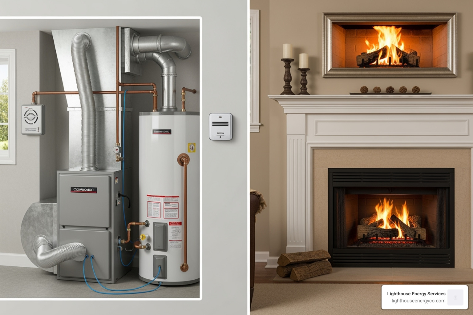 illustrating common sources of CO in a home like a furnace, water heater, and fireplace - smoke carbon monoxide detectors