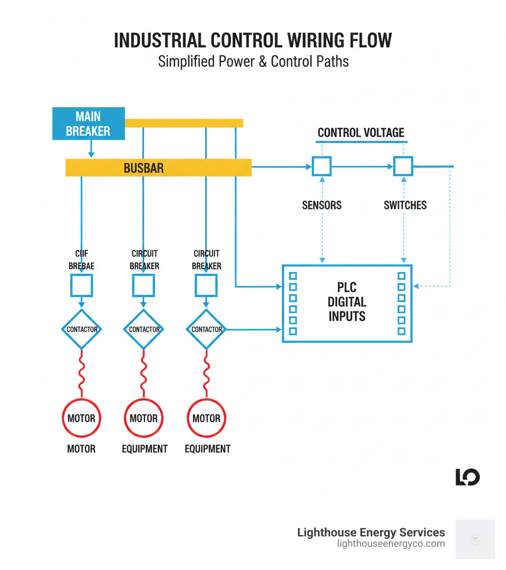 infographic showing the flow of electricity from main breaker through busbar to circuit breakers, then to contactors controlled by PLC digital outputs, finally powering motors and equipment, with parallel paths showing control voltage flowing to digital inputs from sensors and switches - Industrial control wiring infographic 
