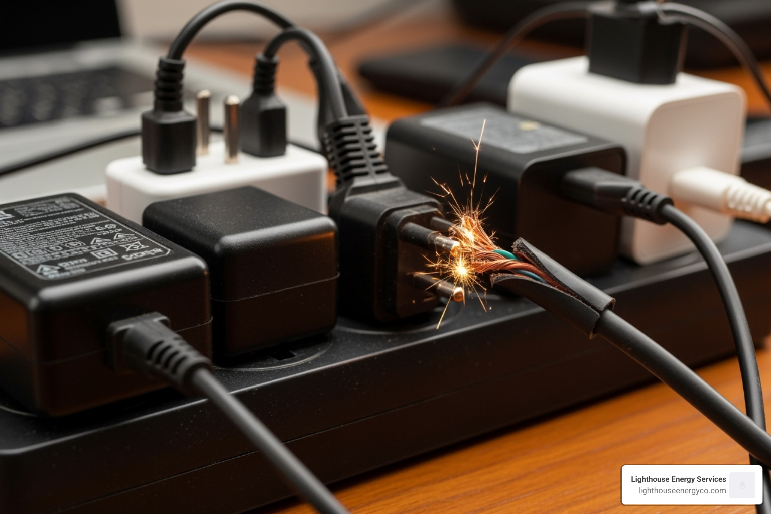 overloaded power strip and frayed cord - electrical home safety check