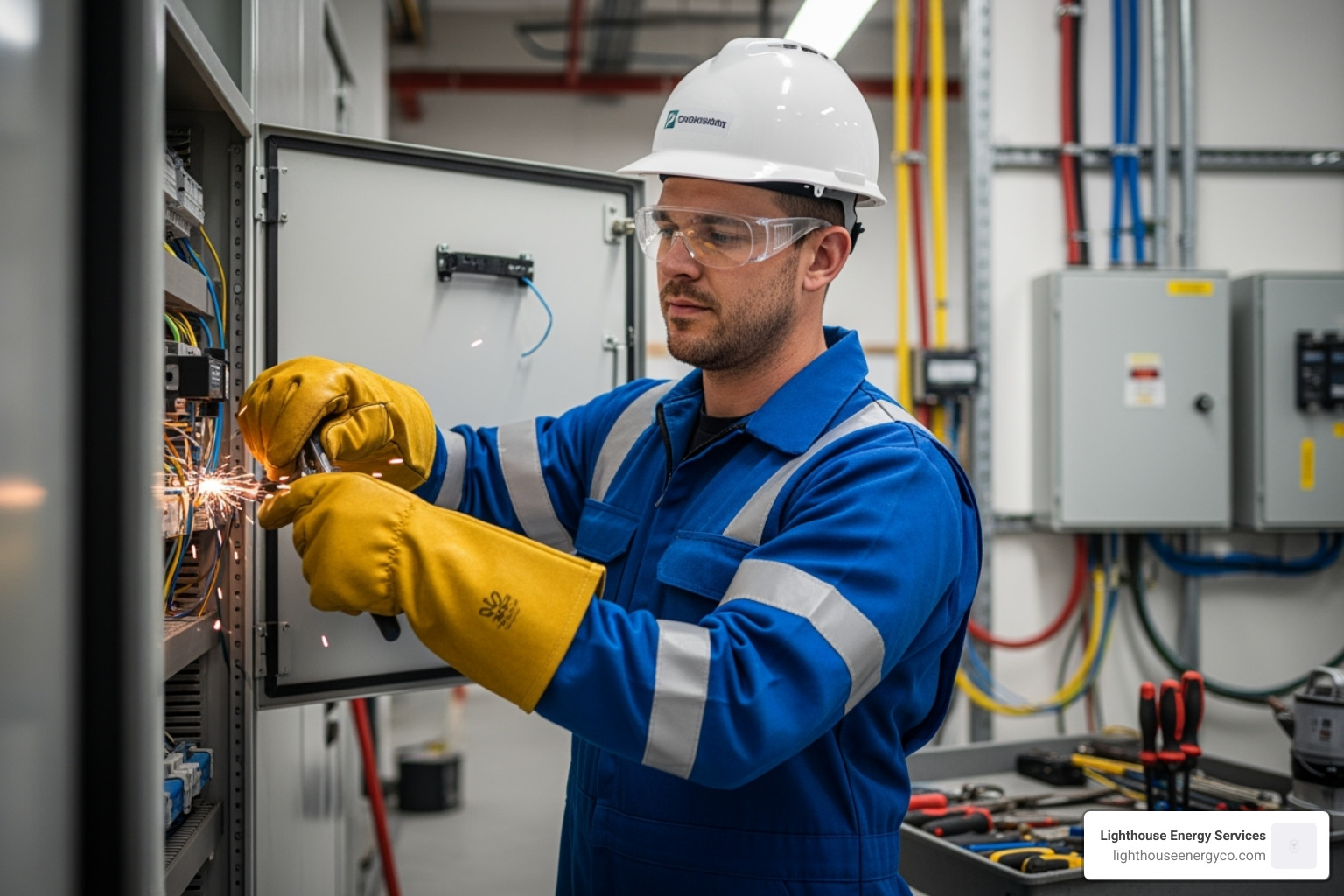 electrician wearing full personal protective equipment (PPE) - commercial and industrial electrical contractors