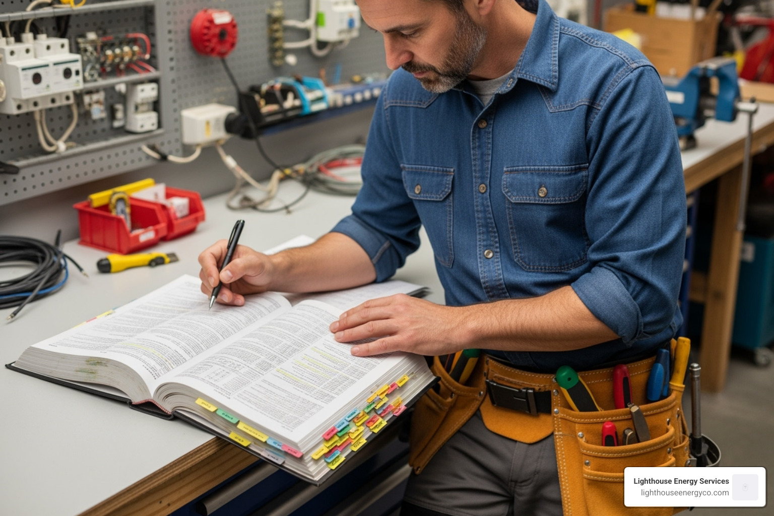 electrician studying the National Electrical Code (NEC) book - licensed electrical contractor