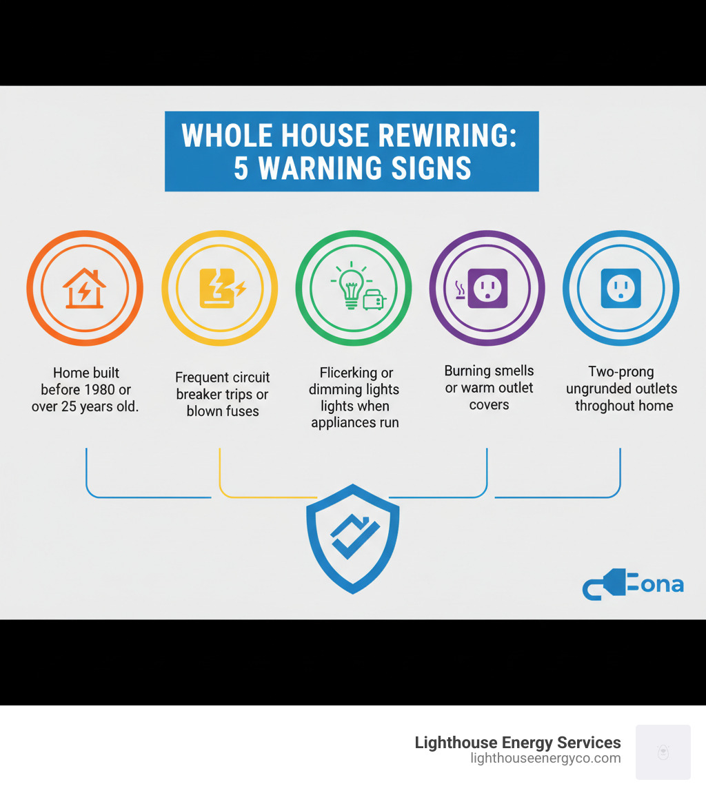 Infographic showing top 5 warning signs for whole house rewiring: 1) Home built before 1980 or over 25 years old, 2) Frequent circuit breaker trips or blown fuses, 3) Flickering or dimming lights when appliances run, 4) Burning smells or warm outlet covers, 5) Two-prong ungrounded outlets throughout home - whole house rewiring infographic 