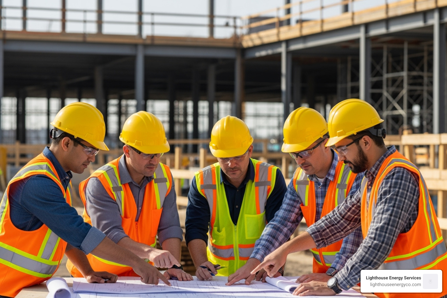 team of licensed electricians collaborating on a commercial job site - licensed electrical contractor