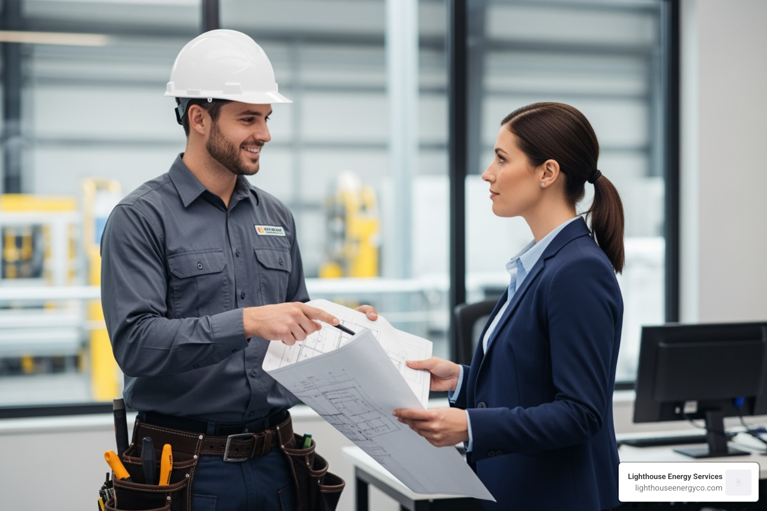 Friendly electrician consulting with a business owner - commercial industrial electrical services