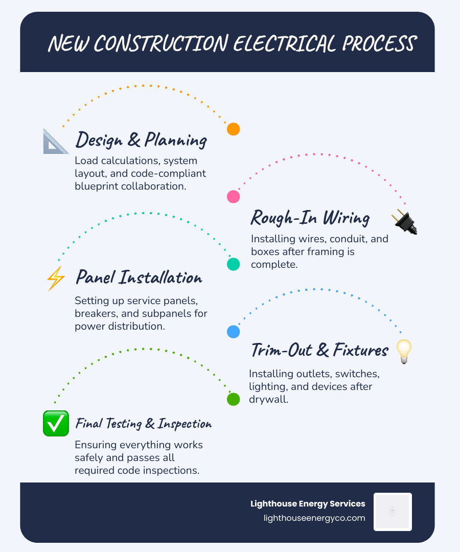 Infographic showing the 4 key phases of new construction electrical work: Phase 1 - Design & Planning (load calculations, blueprint review, permit preparation), Phase 2 - Rough-In (wiring installation after framing, panel placement, conduit runs), Phase 3 - Trim-Out (installing fixtures, outlets, switches, devices after drywall), Phase 4 - Final Inspection (testing all circuits, coordination with building inspector, power connection approval) - new construction electrician near me infographic infographic-line-5-steps-blues-accent_colors