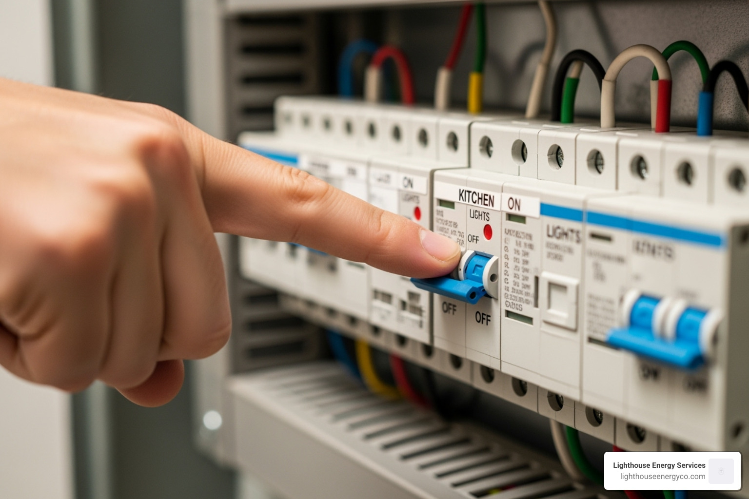 Image of a circuit breaker panel with a finger pointing to a switched-off breaker. - Broken light switch