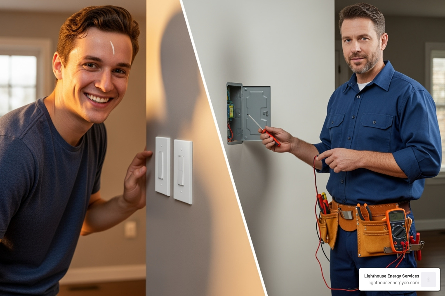 Image of a confident DIYer smiling next to a newly installed switch, contrasted with an image of a professional electrician with a tool belt. - Broken light switch