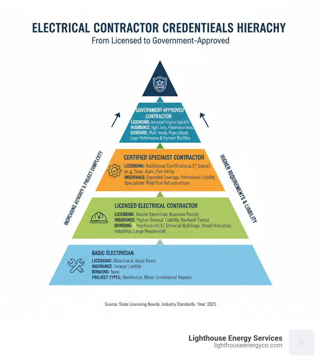 infographic showing the hierarchy of electrical contractor credentials from basic electrician to government-approved contractor, including licensing requirements, insurance levels, bonding requirements, and typical project types for each level - govt approved electrical contractors infographic 