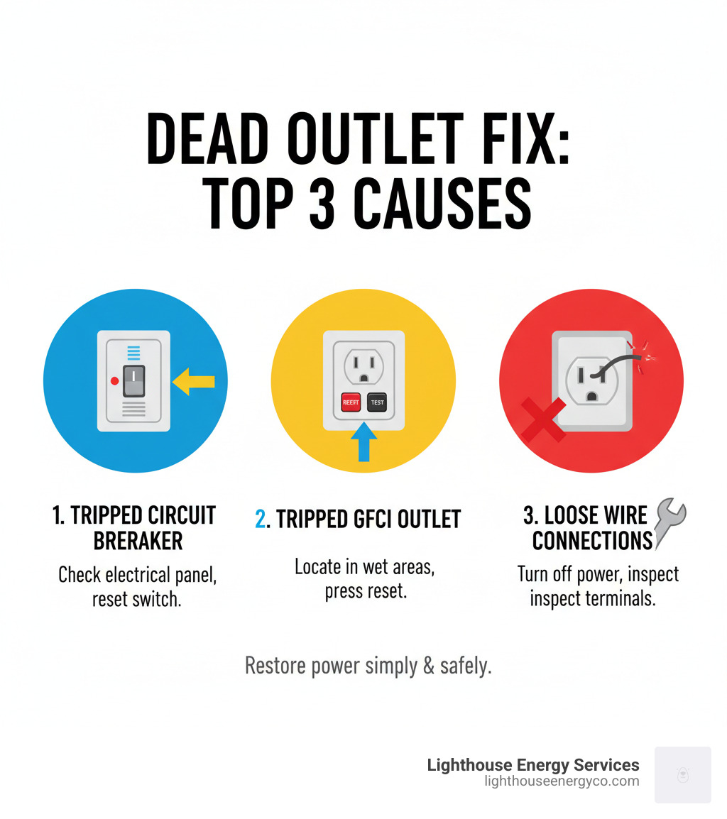 Infographic showing the top 3 causes of dead outlets: 1. Tripped Circuit Breaker - check your electrical panel for switches in the middle position and reset them firmly; 2. Tripped GFCI Outlet - locate GFCI outlets in bathrooms, kitchens, and outdoor areas and press the reset button; 3. Loose Wire Connections - turn off power and inspect outlet terminals for loose screws or damaged wiring - Dead outlet fix infographic 