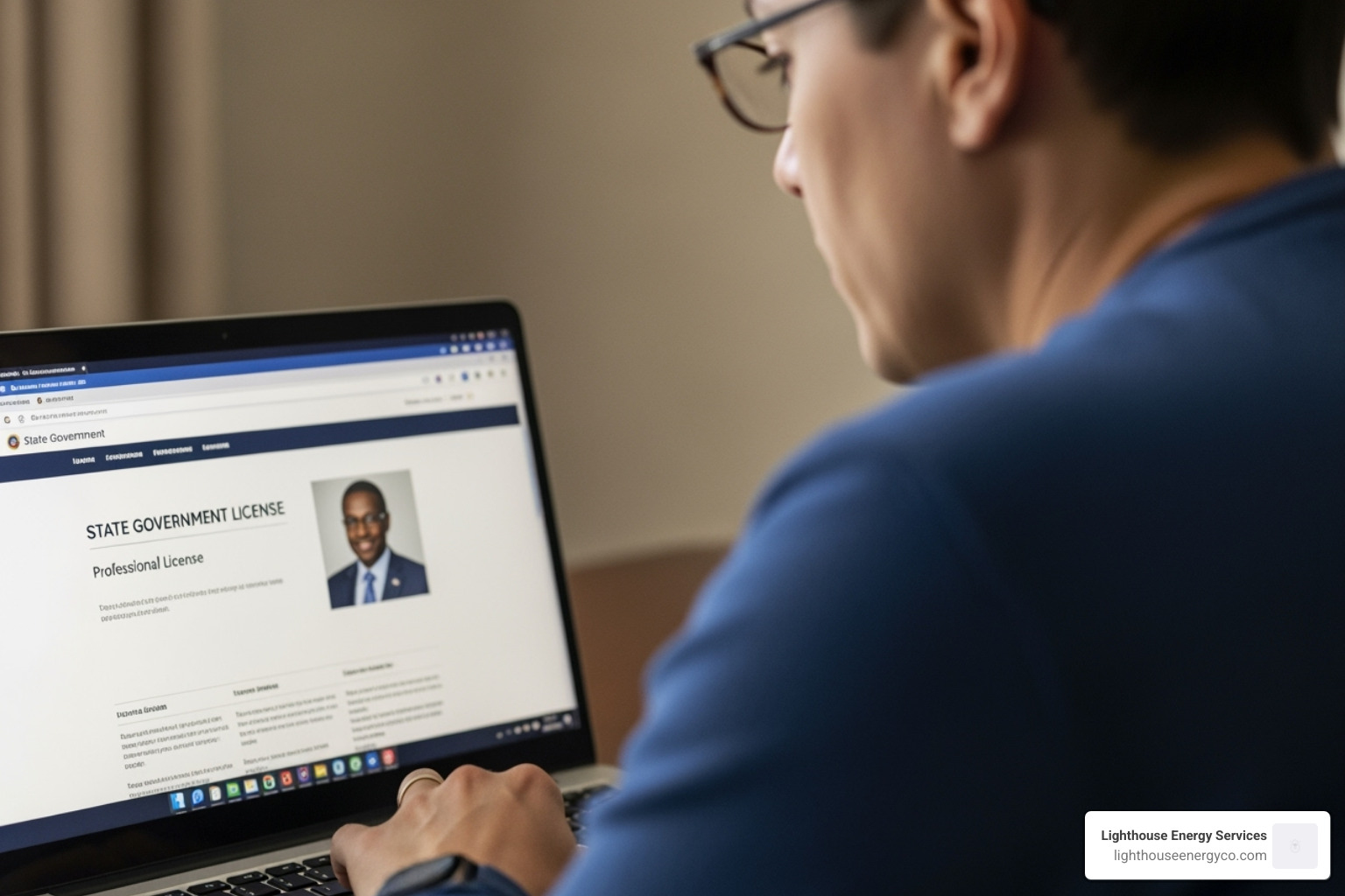 A person using a laptop to search for an electrician's license on a state government website - new construction electrician near me