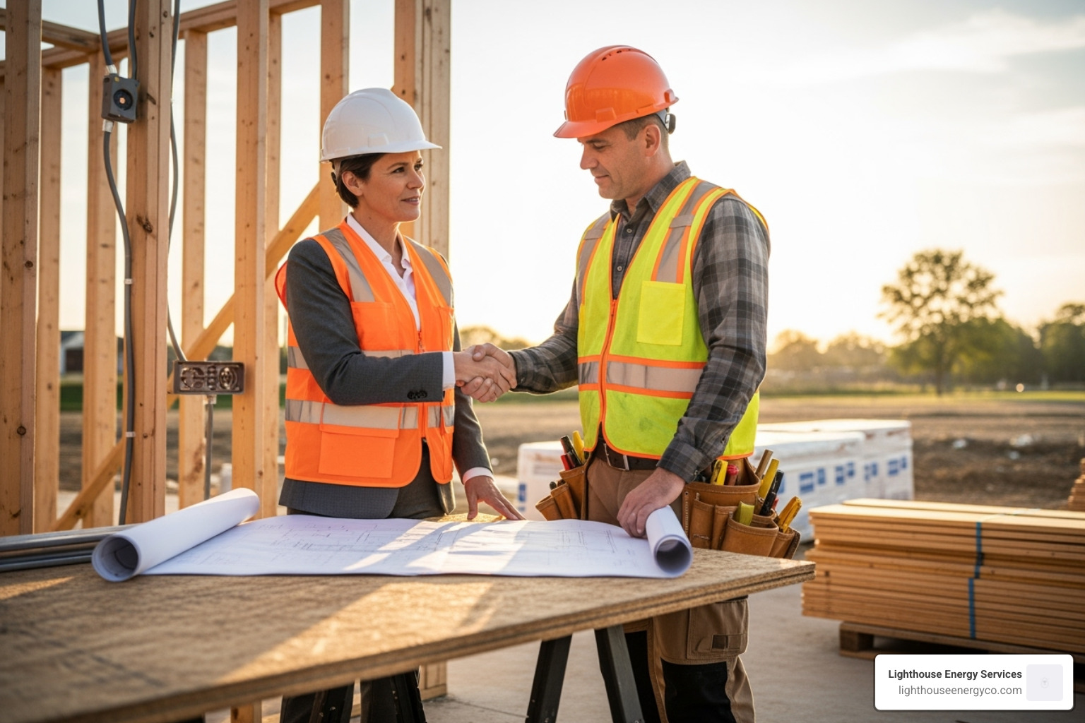 A homeowner and an electrician shaking hands on a new construction job site, reviewing blueprints - new construction electrician near me