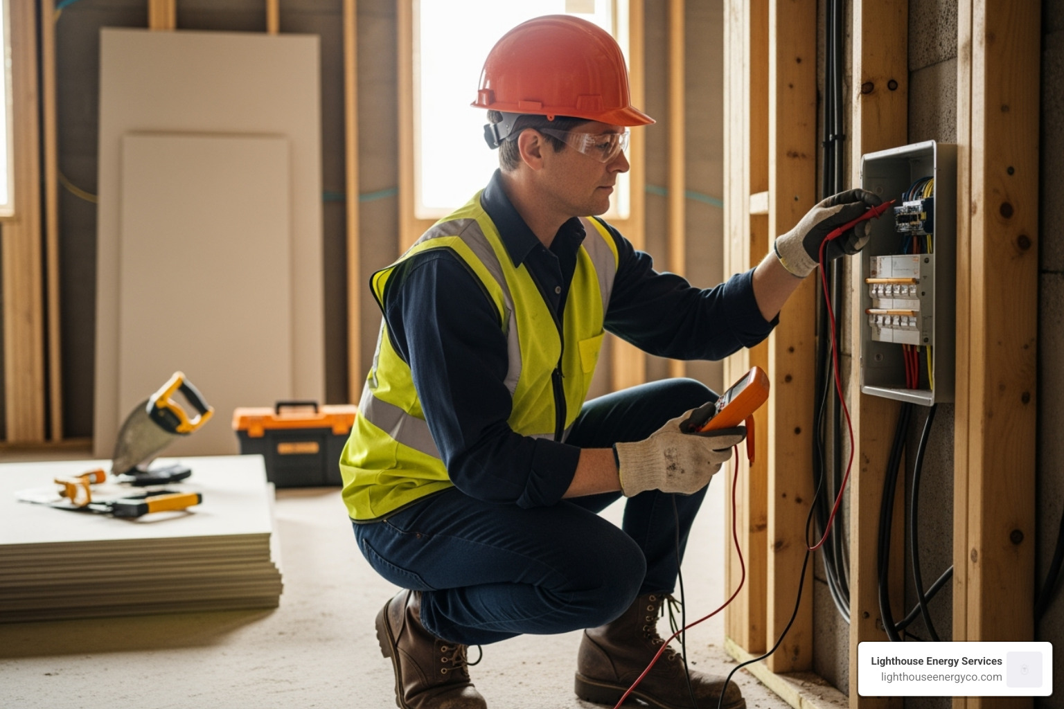 An electrician wearing proper safety gear, holding a multimeter and testing a circuit in a new construction environment - new construction electrician near me
