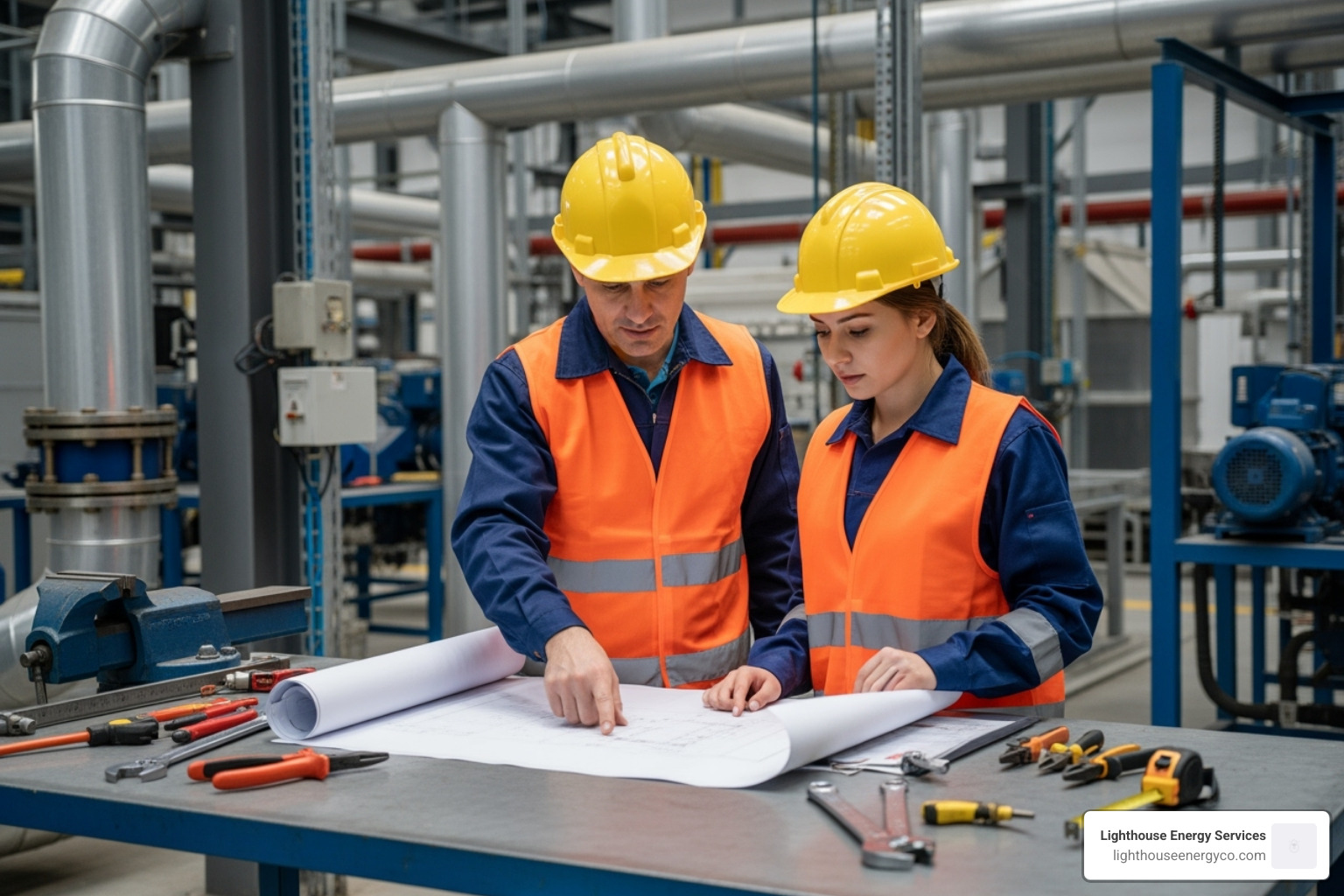 Electricians reviewing blueprints in an industrial setting - Industrial electrical upgrades