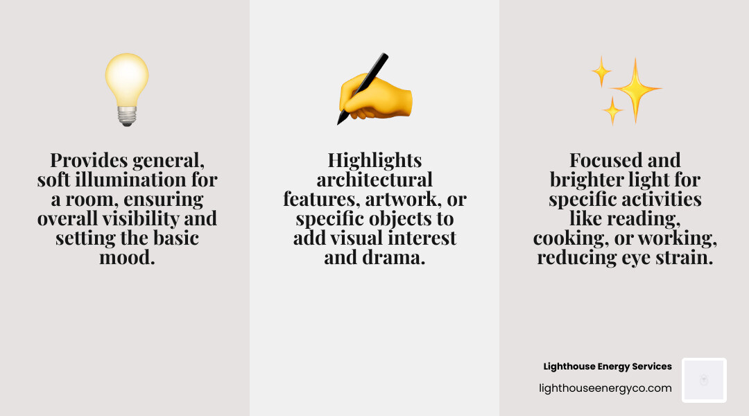 infographic showing three layers of lighting design: ambient lighting at the top providing overall illumination, task lighting in the middle for specific work areas, and accent lighting at the bottom for highlighting features - lighting installation infographic 3_facts_emoji_grey