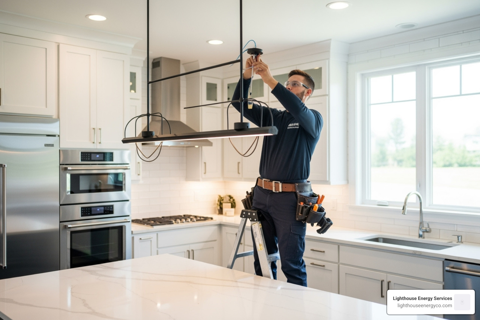 electrician safely installing a pendant light over a kitchen island - lighting installation