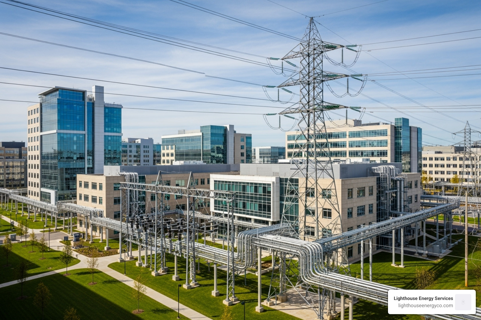 Image of a large commercial campus with power lines highlighted - medium voltage electrical contractors Image of a large commercial campus with power lines highlighted - medium voltage electrical contractors