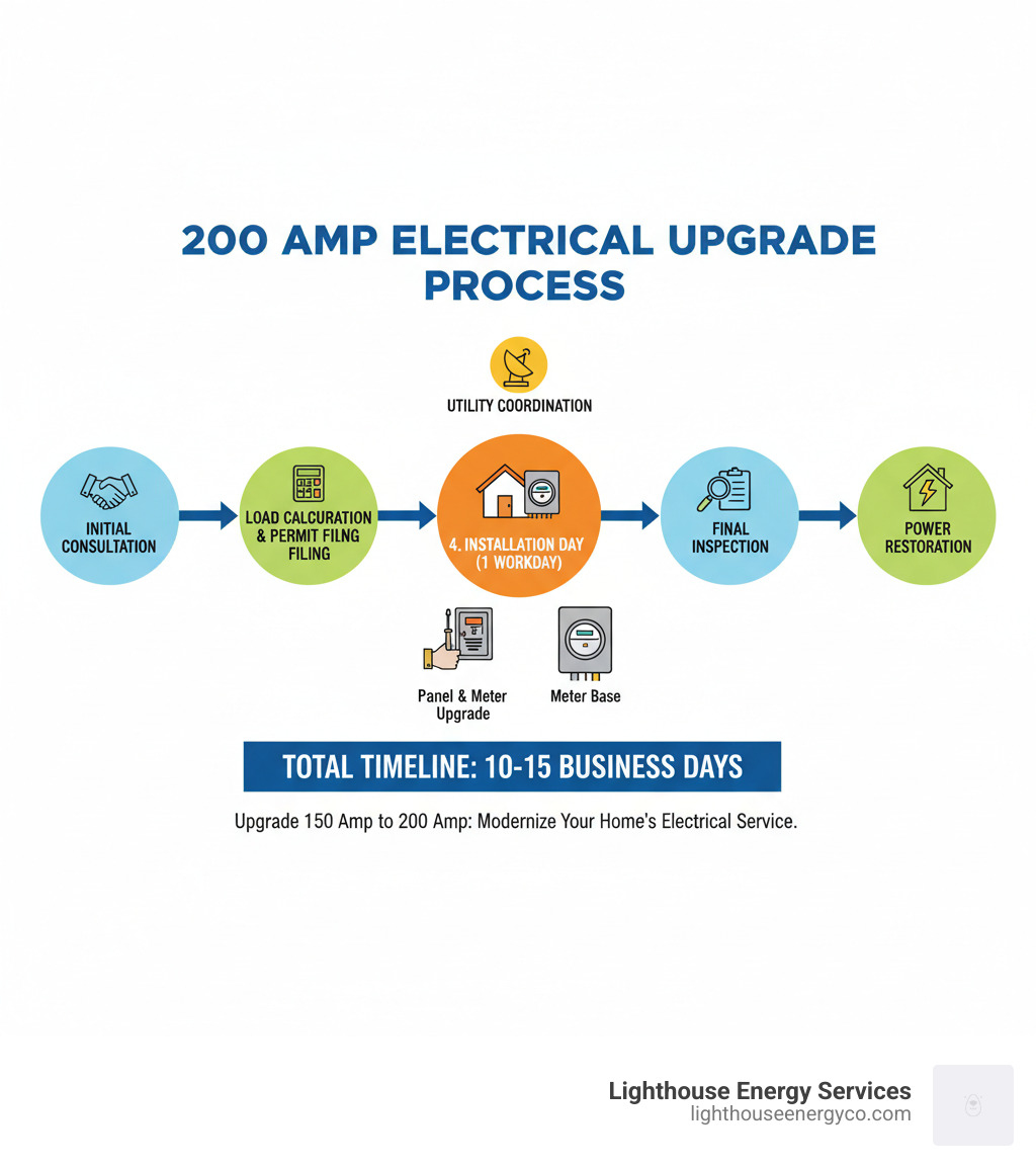 Infographic showing the complete upgrade process from initial consultation through load calculation, permit filing, utility coordination, installation day activities including panel replacement and meter upgrade, final inspection, and power restoration, with typical timeline of 10-15 business days total and one workday for actual installation - upgrade 150 amp to 200 amp infographic Infographic showing the complete upgrade process from initial consultation through load calculation, permit filing, utility coordination, installation day activities including panel replacement and meter upgrade, final inspection, and power restoration, with typical timeline of 10-15 business days total and one workday for actual installation - upgrade 150 amp to 200 amp infographic