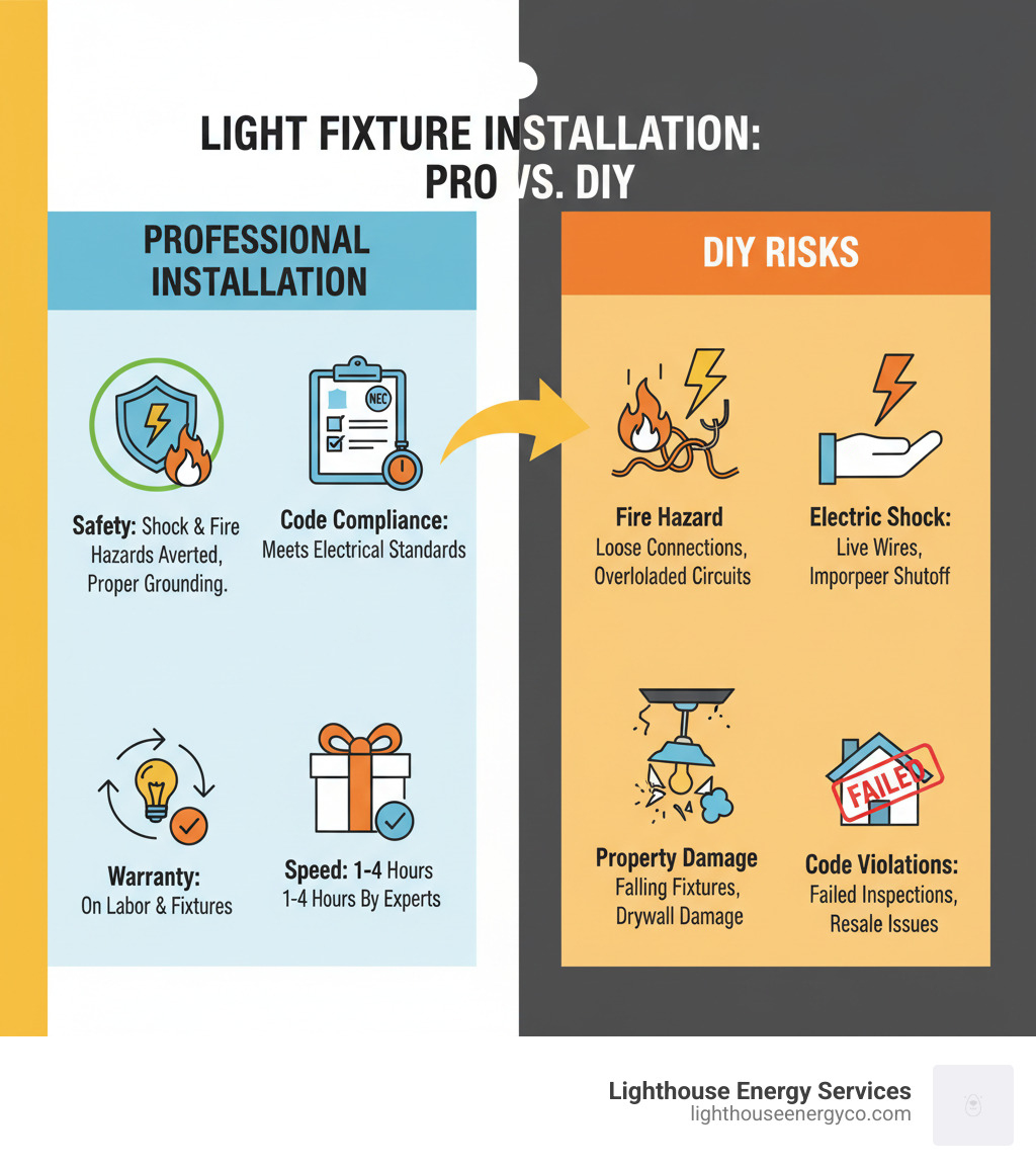 Infographic comparing professional light fixture installation benefits versus DIY risks. Professional benefits include: Safety from shock and fire hazards with proper grounding and connections, Code Compliance ensuring NEC standards are met, Speed with installations taking 1-4 hours by experts, and Warranty Protection on both labor and fixtures. DIY risks include: Electric Shock from live wires and improper shutoff, Fire Hazard from loose connections and overloaded circuits, Property Damage from heavy fixtures falling or drywall damage, and Code Violations leading to failed inspections and resale issues. - electrician to install light fixture infographic Infographic comparing professional light fixture installation benefits versus DIY risks. Professional benefits include: Safety from shock and fire hazards with proper grounding and connections, Code Compliance ensuring NEC standards are met, Speed with installations taking 1-4 hours by experts, and Warranty Protection on both labor and fixtures. DIY risks include: Electric Shock from live wires and improper shutoff, Fire Hazard from loose connections and overloaded circuits, Property Damage from heavy fixtures falling or drywall damage, and Code Violations leading to failed inspections and resale issues. - electrician to install light fixture infographic