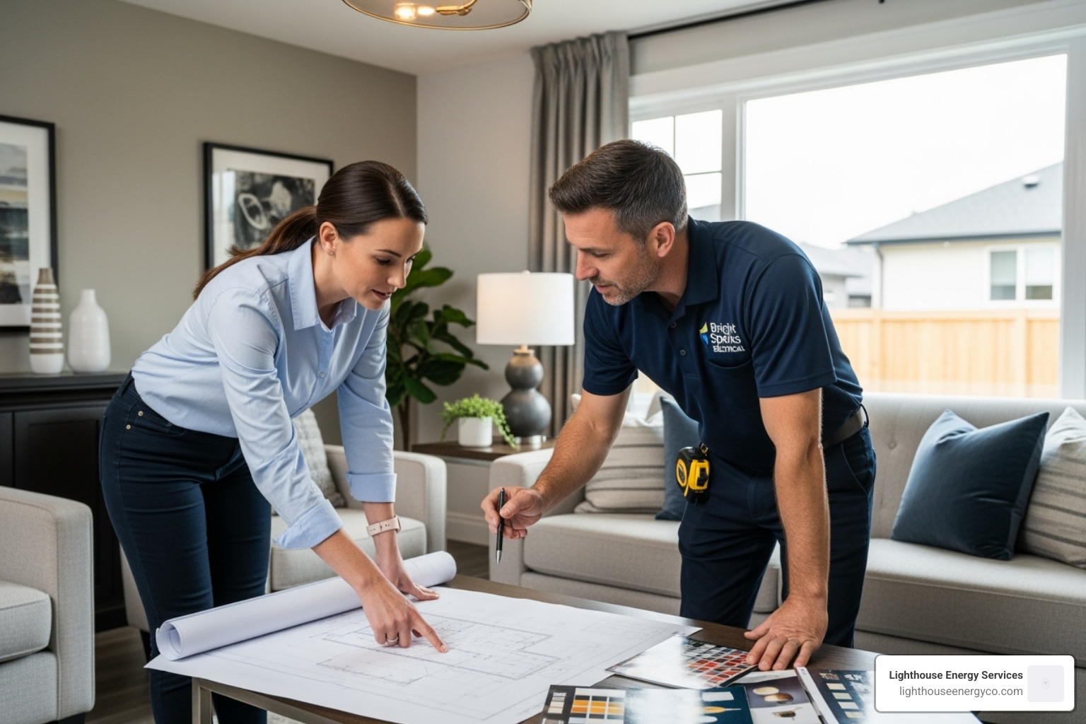homeowner and an electrician discussing a lighting plan - lighting installation