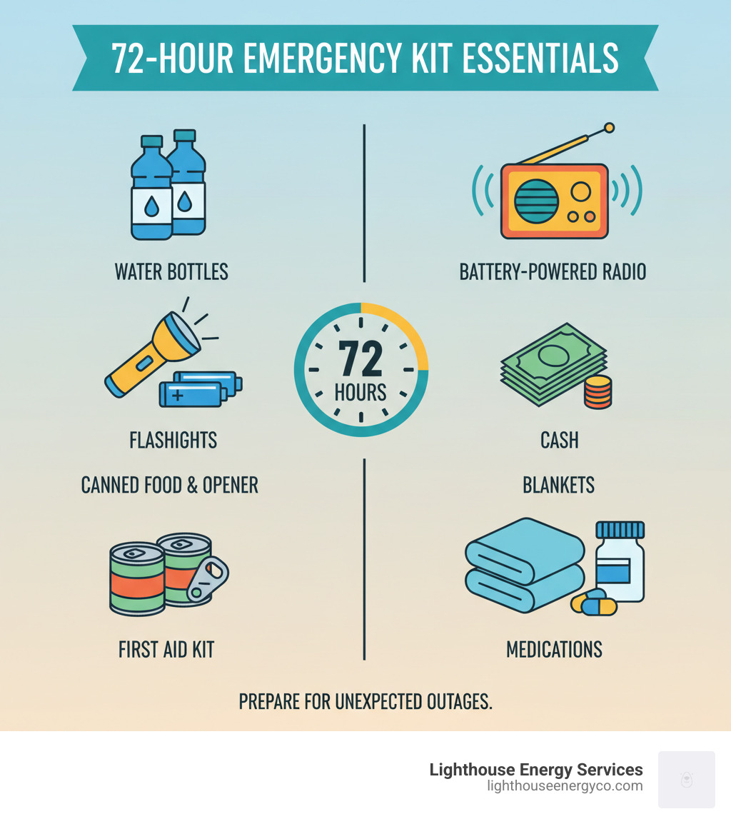 infographic showing 72-hour emergency kit essentials including water bottles, flashlights, batteries, canned food, manual can opener, first aid kit, battery-powered radio, cash, blankets, and medications - Emergency power restoration infographic 
