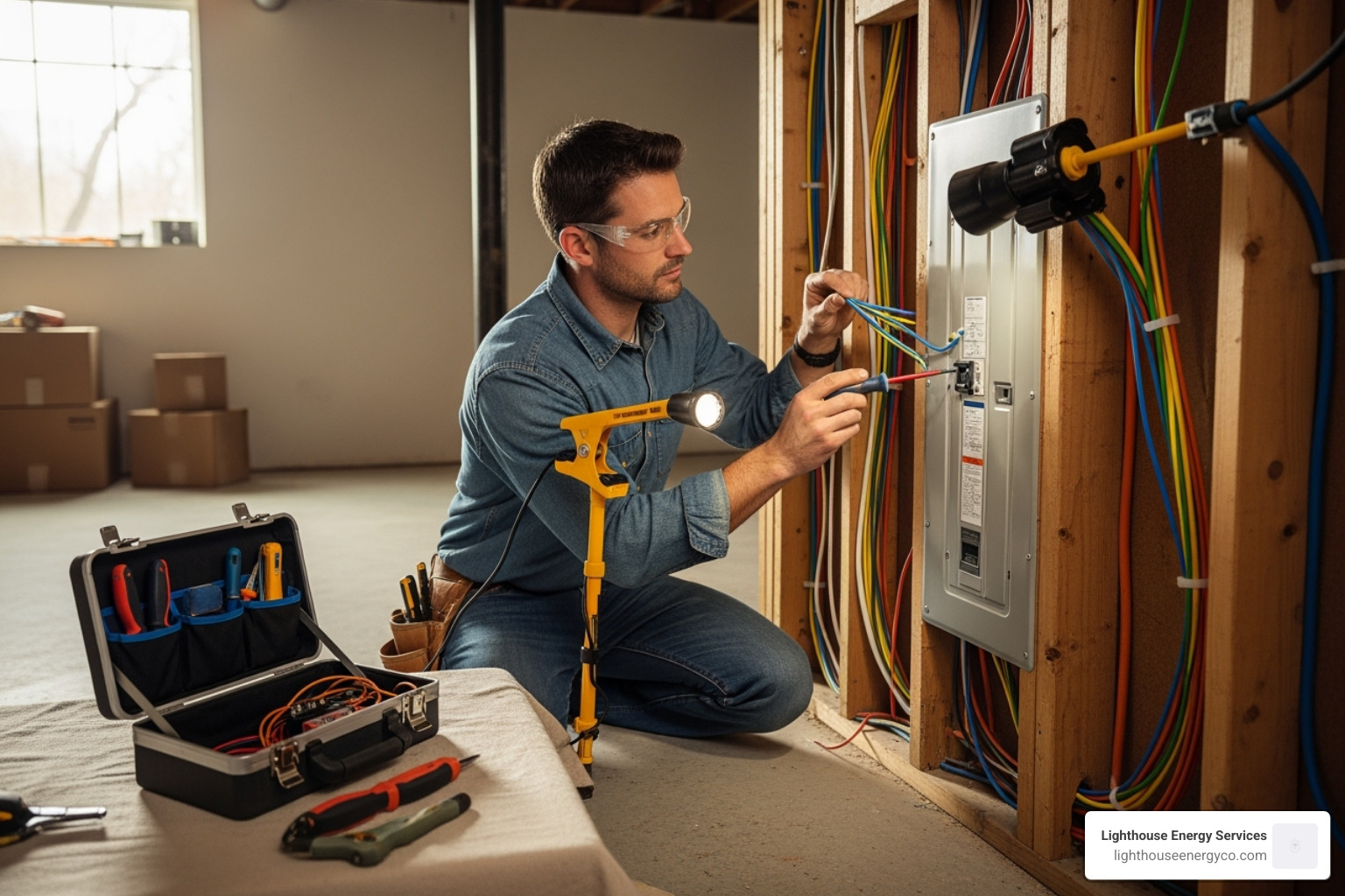 An electrician carefully installing a new circuit breaker panel in a residential setting - electrical panel upgrades