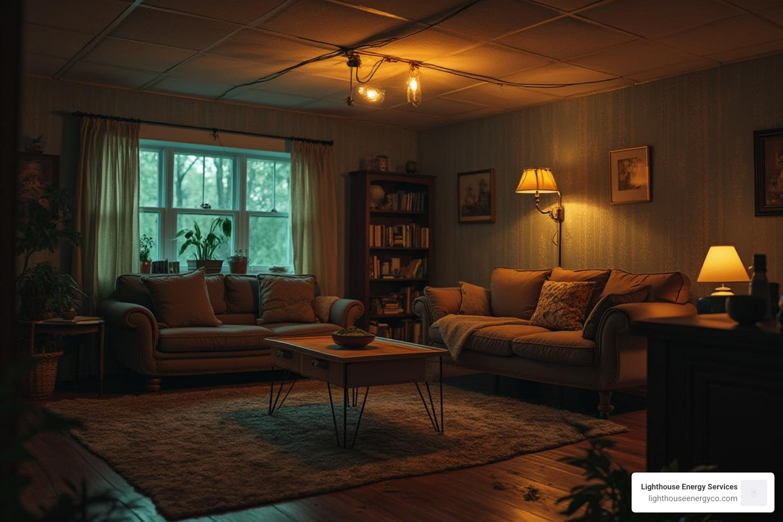 A dimly lit living room with a flickering light overhead, suggesting electrical issues - electrical panel upgrades