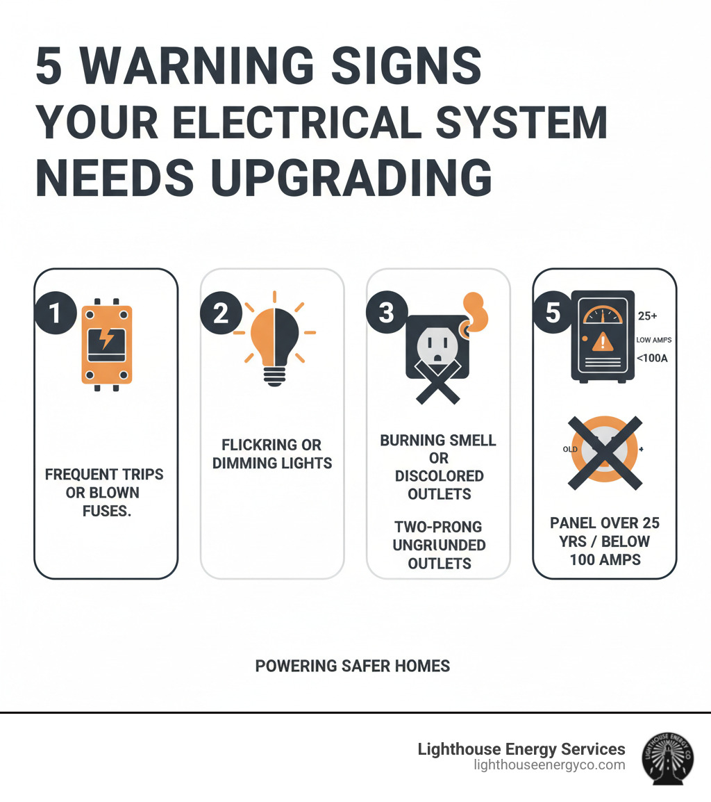 Infographic showing five warning signs your electrical system needs upgrading: 1) Frequent circuit breaker trips or blown fuses, 2) Flickering or dimming lights when appliances turn on, 3) Burning smell or discolored outlets, 4) Two-prong ungrounded outlets throughout the home, 5) Electrical panel over 25 years old or rated below 100 amps - electrical upgrades for home infographic Infographic showing five warning signs your electrical system needs upgrading: 1) Frequent circuit breaker trips or blown fuses, 2) Flickering or dimming lights when appliances turn on, 3) Burning smell or discolored outlets, 4) Two-prong ungrounded outlets throughout the home, 5) Electrical panel over 25 years old or rated below 100 amps - electrical upgrades for home infographic