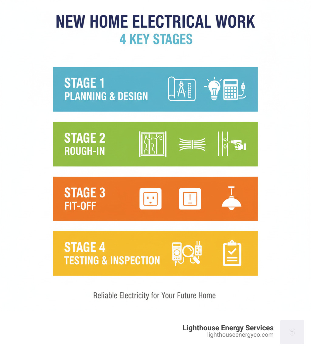 Infographic showing the 4 key stages of new home electrical work: Stage 1 - Planning and Design (collaboration with architects, electrical layout, load calculations); Stage 2 - Rough-In (running wires through walls and ceilings before drywall); Stage 3 - Fit-Off (connecting switches, outlets, and fixtures after drywall); Stage 4 - Testing and Inspection (system verification, safety checks, and final walkthrough) - new home electrician infographic 