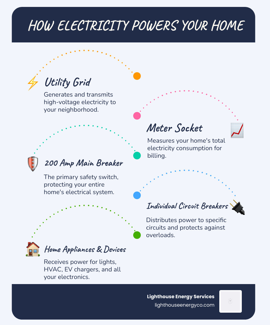 Infographic showing the flow of electricity from utility grid through meter socket to 200 amp main breaker, then distributing to individual circuit breakers that power lights, outlets, HVAC, appliances, and EV chargers throughout the home - outside 200 amp breaker box infographic infographic-line-5-steps-blues-accent_colors Infographic showing the flow of electricity from utility grid through meter socket to 200 amp main breaker, then distributing to individual circuit breakers that power lights, outlets, HVAC, appliances, and EV chargers throughout the home - outside 200 amp breaker box infographic infographic-line-5-steps-blues-accent_colors