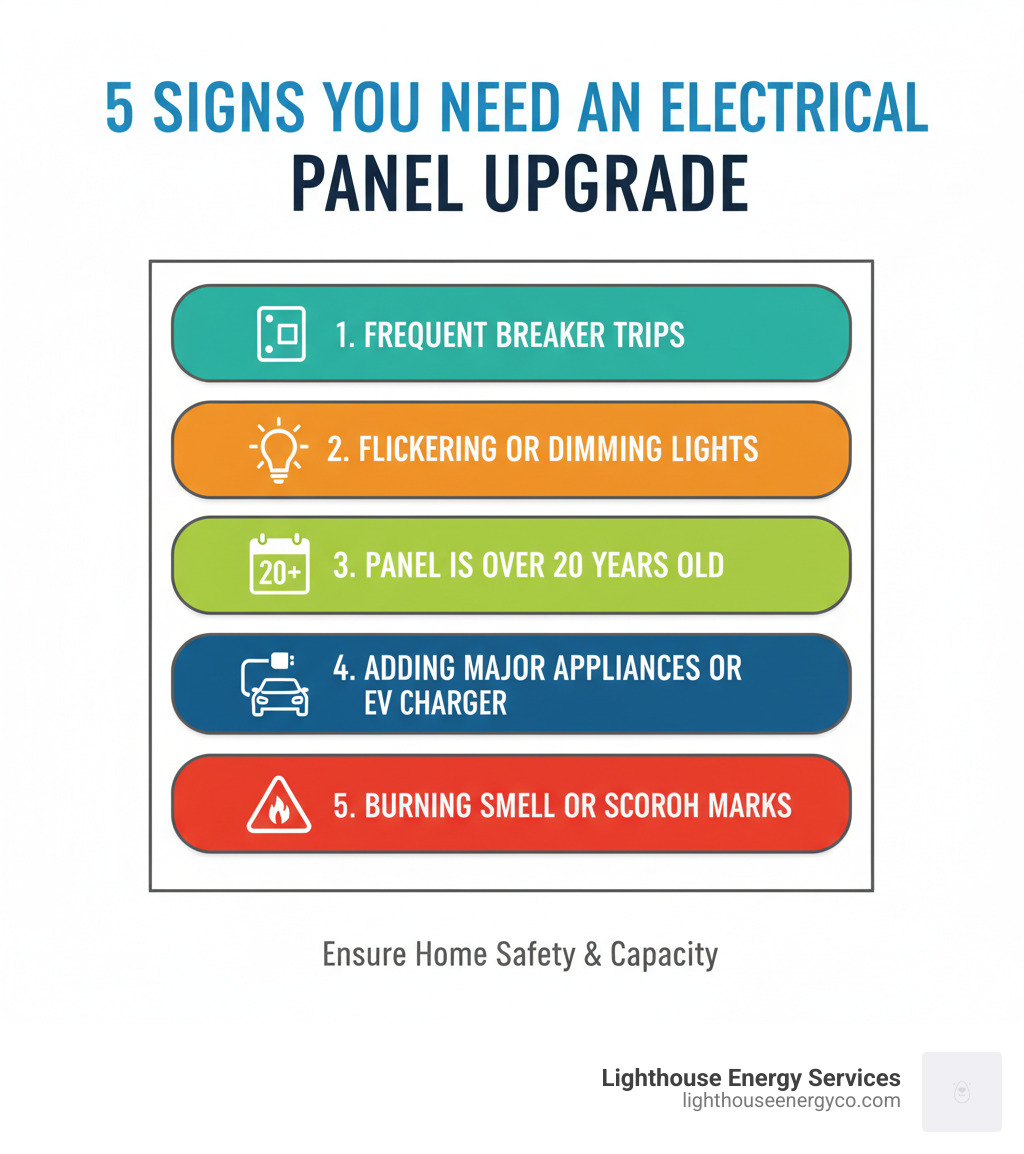Infographic showing the top 5 signs you need an electrical panel upgrade: 1. Frequent breaker trips with a circuit breaker icon, 2. Flickering or dimming lights with a light bulb icon, 3. Panel is over 20 years old with a calendar icon, 4. Adding major appliances or EV charger with an electric car icon, 5. Burning smell or scorch marks with a warning triangle icon - electrical panel upgrades infographic 