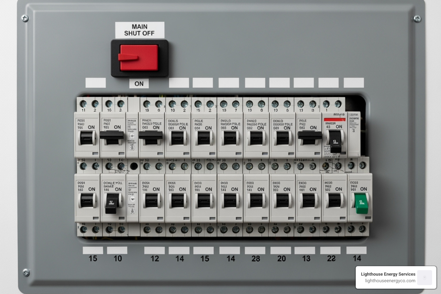 A modern electrical panel with clearly labeled circuit breakers and a main shut-off switch - electrical panel upgrades
