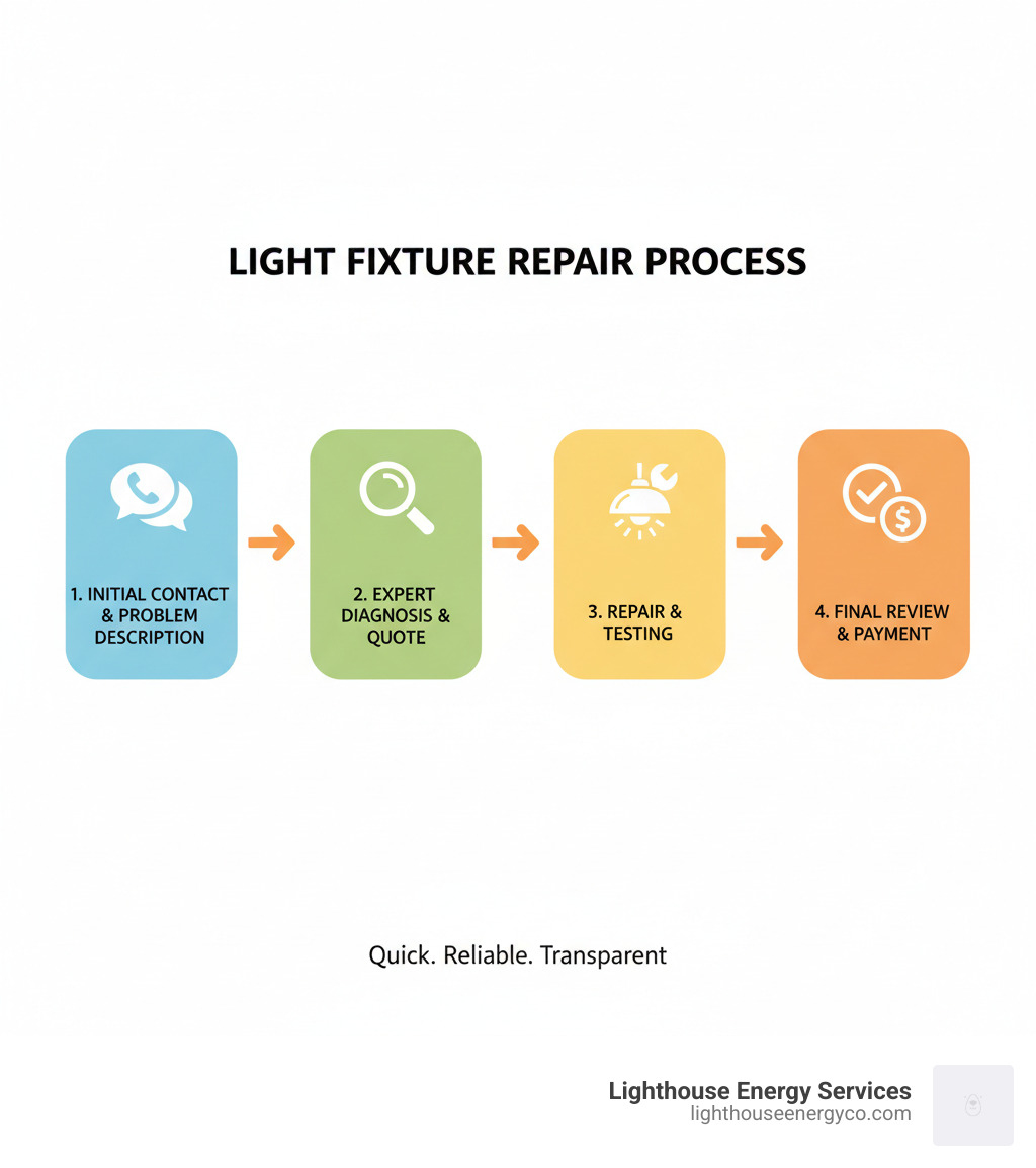 Infographic detailing the light fixture repair process from contact to completion: 1. Initial Contact & Problem Description, 2. Expert Diagnosis & Quote, 3. Repair & Testing, 4. Final Review & Payment - light fixture repair near me infographic Infographic detailing the light fixture repair process from contact to completion: 1. Initial Contact & Problem Description, 2. Expert Diagnosis & Quote, 3. Repair & Testing, 4. Final Review & Payment - light fixture repair near me infographic