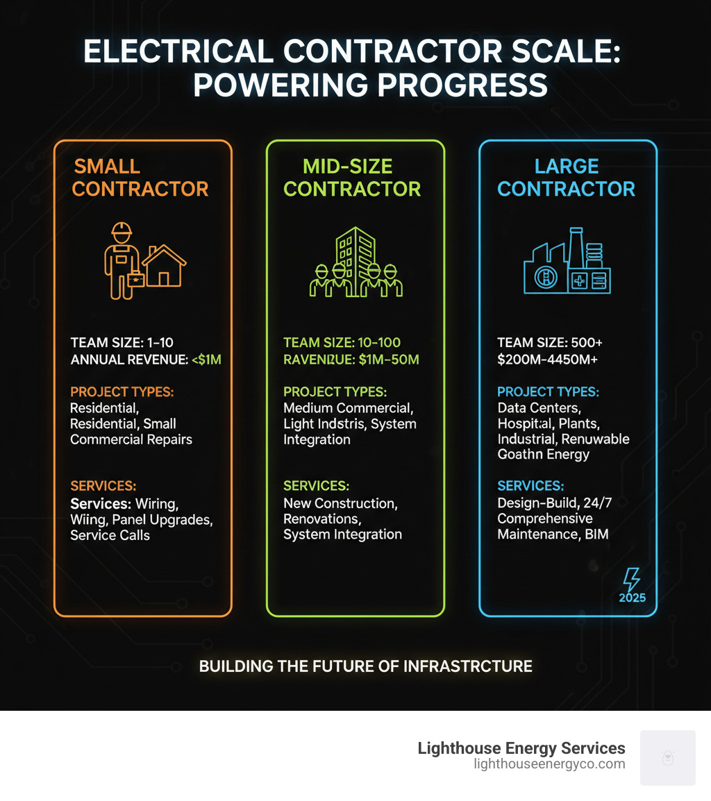 infographic showing the scope and scale of large electrical contractors including typical project types, team size, annual revenue ranges, and service capabilities compared to small and mid-size contractors - large electrical contractor infographic 